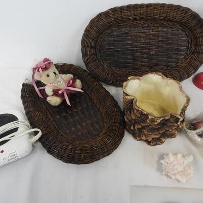 17 pc Home Decor: Floral Mirror, Candle Holders, Wicker Trays, Windspinner