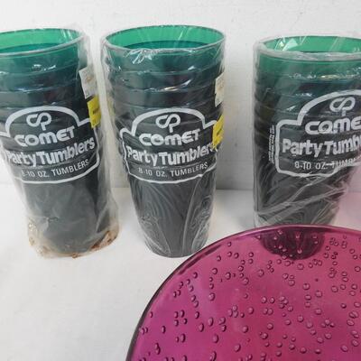 28 pc Party: Green Plastic Cups & Purple Plastic Margarita Cups w/ Matching Bowl