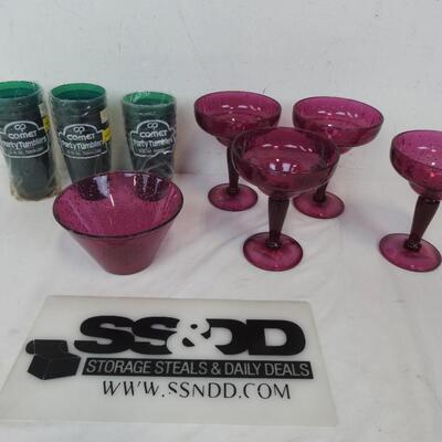 28 pc Party: Green Plastic Cups & Purple Plastic Margarita Cups w/ Matching Bowl