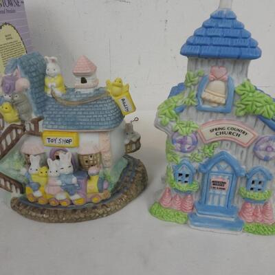 4 Bunny Town Porcelain Houses, Spring Country Church, Toy Shop, Bakery