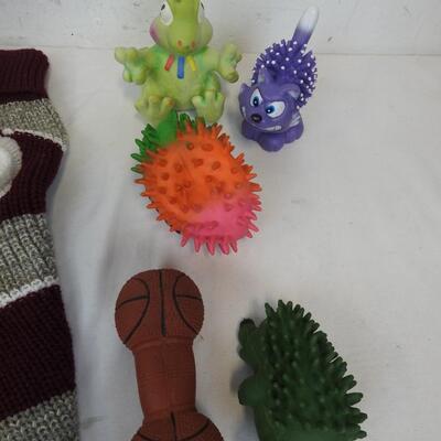 11 pc Dog Lot: Book, Bone, 4 Sweaters, 5 Toys