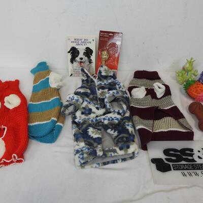 11 pc Dog Lot: Book, Bone, 4 Sweaters, 5 Toys