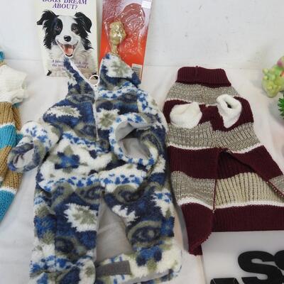 11 pc Dog Lot: Book, Bone, 4 Sweaters, 5 Toys