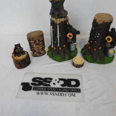 6 pc Decor lot, Three Bear Statues, Windchimes, Tiki Candle Cover