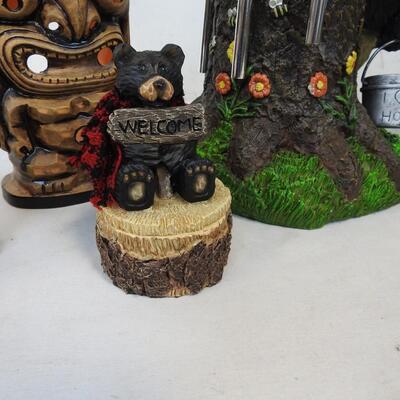 6 pc Decor lot, Three Bear Statues, Windchimes, Tiki Candle Cover