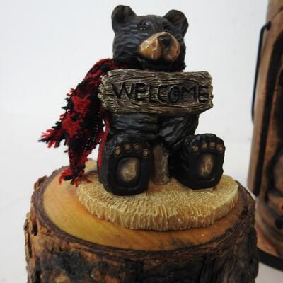 6 pc Decor lot, Three Bear Statues, Windchimes, Tiki Candle Cover