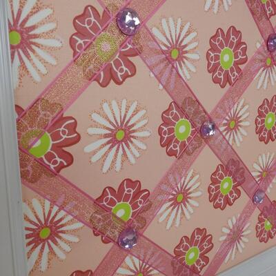 White Frame  22x22 with Pink Designs & Ribbon to hold photos, etc
