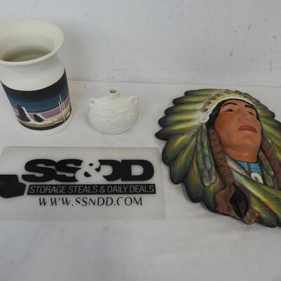 3 pc Native American Pottery/Ceramic Art Decor: Large Vase, Small Vase