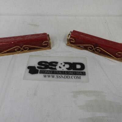 Two Long Red Candles With Bronze/Gold Stands