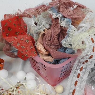 Assorted Craft Lot: Curly Hair, Ribbon, lace, Reversible Ribbon
