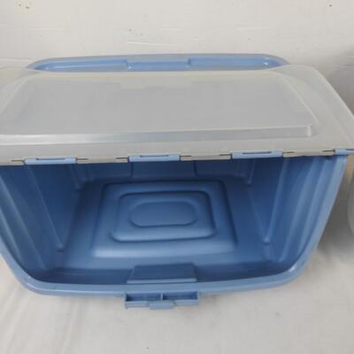 2 Plastic Storage Bins, The Accessibles, Tucker, 1 Lid Cracked