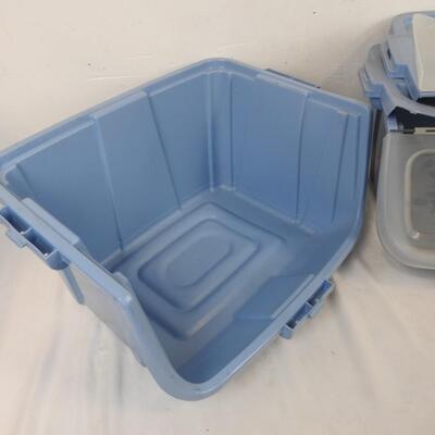 2 Plastic Storage Bins, The Accessibles, Tucker, 1 Lid Cracked