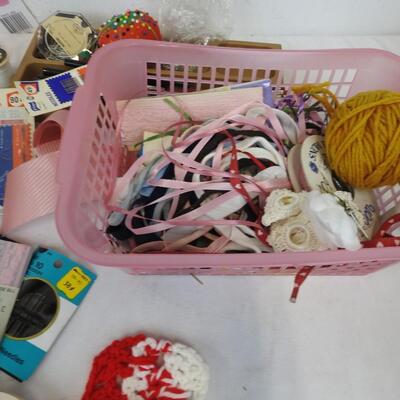 Assorted Craft Lot: Thread, Needles, Ribbon, Sparrows, Pencils