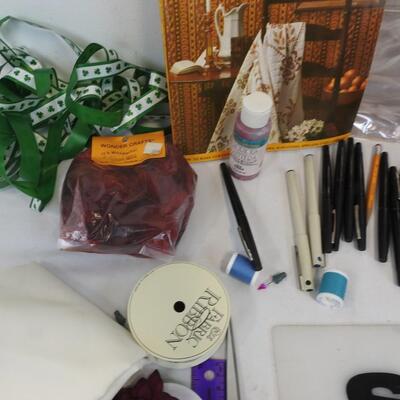 Assorted Craft Lot: Thread, Needles, Ribbon, Sparrows, Pencils