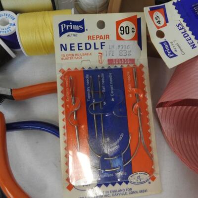 Assorted Craft Lot: Thread, Needles, Ribbon, Sparrows, Pencils