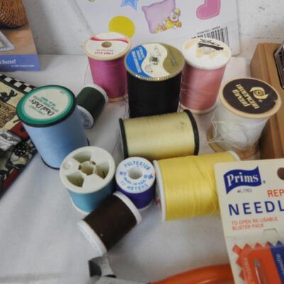 Assorted Craft Lot: Thread, Needles, Ribbon, Sparrows, Pencils
