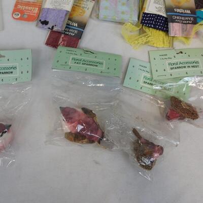 Assorted Craft Lot: Thread, Needles, Ribbon, Sparrows, Pencils