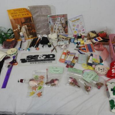 Assorted Craft Lot: Thread, Needles, Ribbon, Sparrows, Pencils