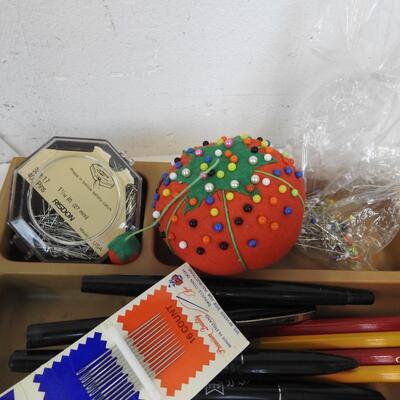 Assorted Craft Lot: Thread, Needles, Ribbon, Sparrows, Pencils