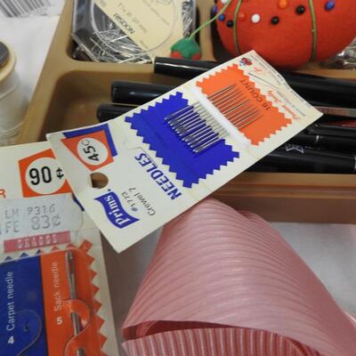 Assorted Craft Lot: Thread, Needles, Ribbon, Sparrows, Pencils