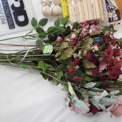 Craft Lot: Paints, Wood, Doll Pins, Faux Flowers, Head Beads