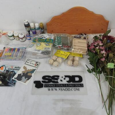Craft Lot: Paints, Wood, Doll Pins, Faux Flowers, Head Beads