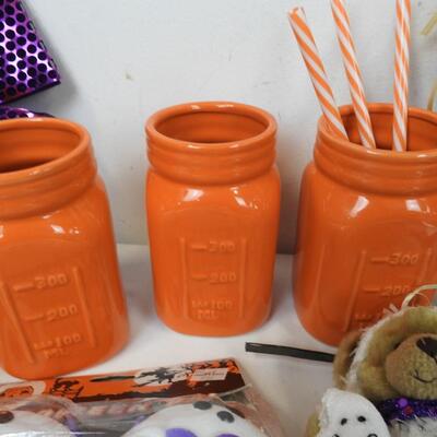Halloween Lot: Witch Wall Decor, Orange Ceramic Jars, Bear Figurines