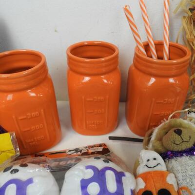 Halloween Lot: Witch Wall Decor, Orange Ceramic Jars, Bear Figurines