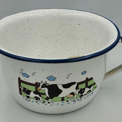 White/blue enameled  pot with handle