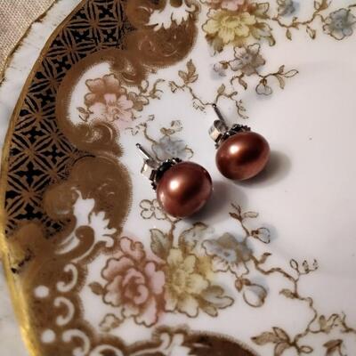 GORGEOUS 9MM COPPER PEARL EARRINGS STERLING SILVER STUDS