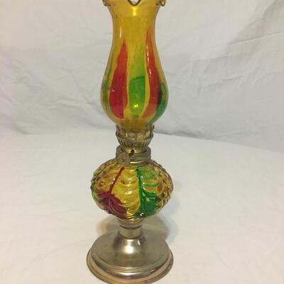 Small Vintage Oil Lamp. Amber Glass. With  Color Accents.