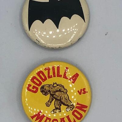 Vintage Batman and Godzilla Pins from 1960s