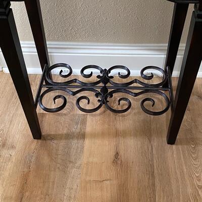 Small Dark Wood End Table with Metal Scroll Bottom Accent