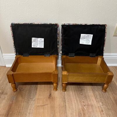 Pair (2) ~ Wooden Storage Stools With Upholstered Flip Top