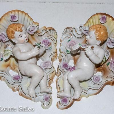 PAIR - CERAMIC CHERUB WALL SCONCES