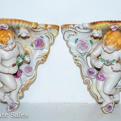 PAIR - CERAMIC CHERUB WALL SCONCES
