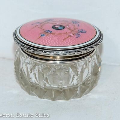CUT GLASS JAR - FEATURING A GUILLOCHE ENAMELED STERLING SILVER LID