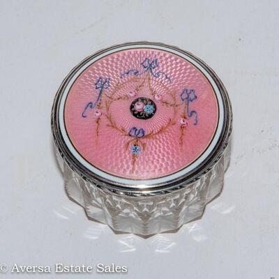 CUT GLASS JAR - FEATURING A GUILLOCHE ENAMELED STERLING SILVER LID