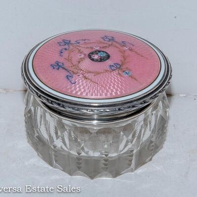 CUT GLASS JAR - FEATURING A GUILLOCHE ENAMELED STERLING SILVER LID