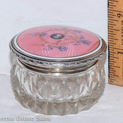 CUT GLASS JAR - FEATURING A GUILLOCHE ENAMELED STERLING SILVER LID