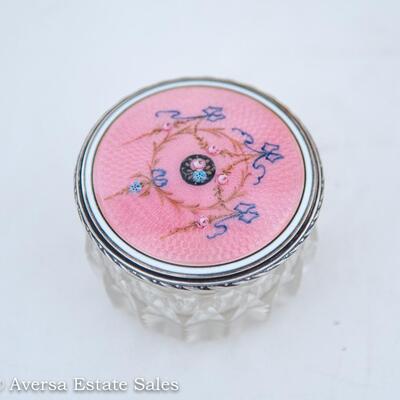 CUT GLASS JAR - FEATURING A GUILLOCHE ENAMELED STERLING SILVER LID