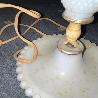 Three hobnail milk glass table lamps