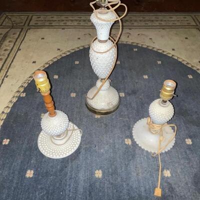 Three hobnail milk glass table lamps