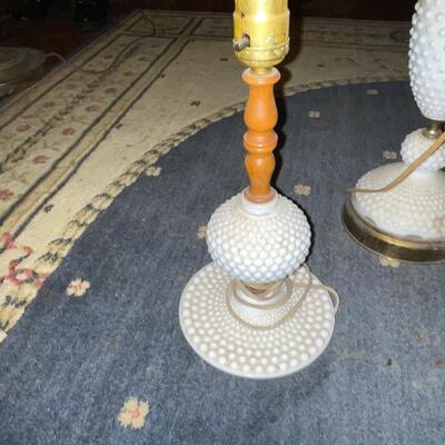 Three hobnail milk glass table lamps