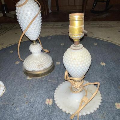 Three hobnail milk glass table lamps