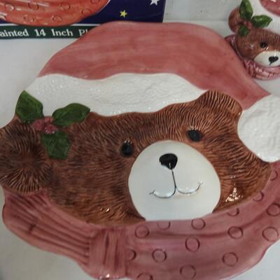 Set of Christmas Bear Hand Painted Ceramics, Platter, Napkin holder, Cookie Jar