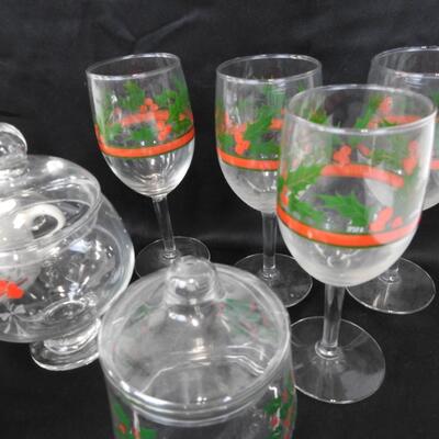 10 Christmas Mugs, 4 Wine Glasses, 2 Christmas Glass Containers with Lids