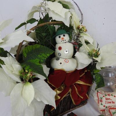 Christmas Basket with Floral Decor and Snowman, Christmas Matches, Tins, Pillows