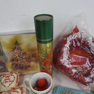 Christmas Basket with Floral Decor and Snowman, Christmas Matches, Tins, Pillows