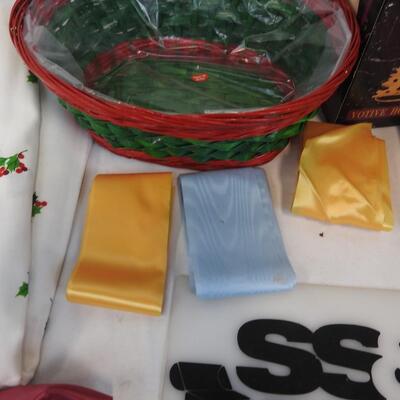 Christmas Lot: Wreaths, Christmas Light Set, Votive Holders, Basket, Ribbons